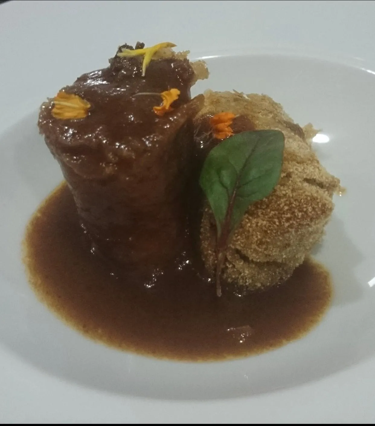 Carne guisada en su jugo con guarnición crujiente
